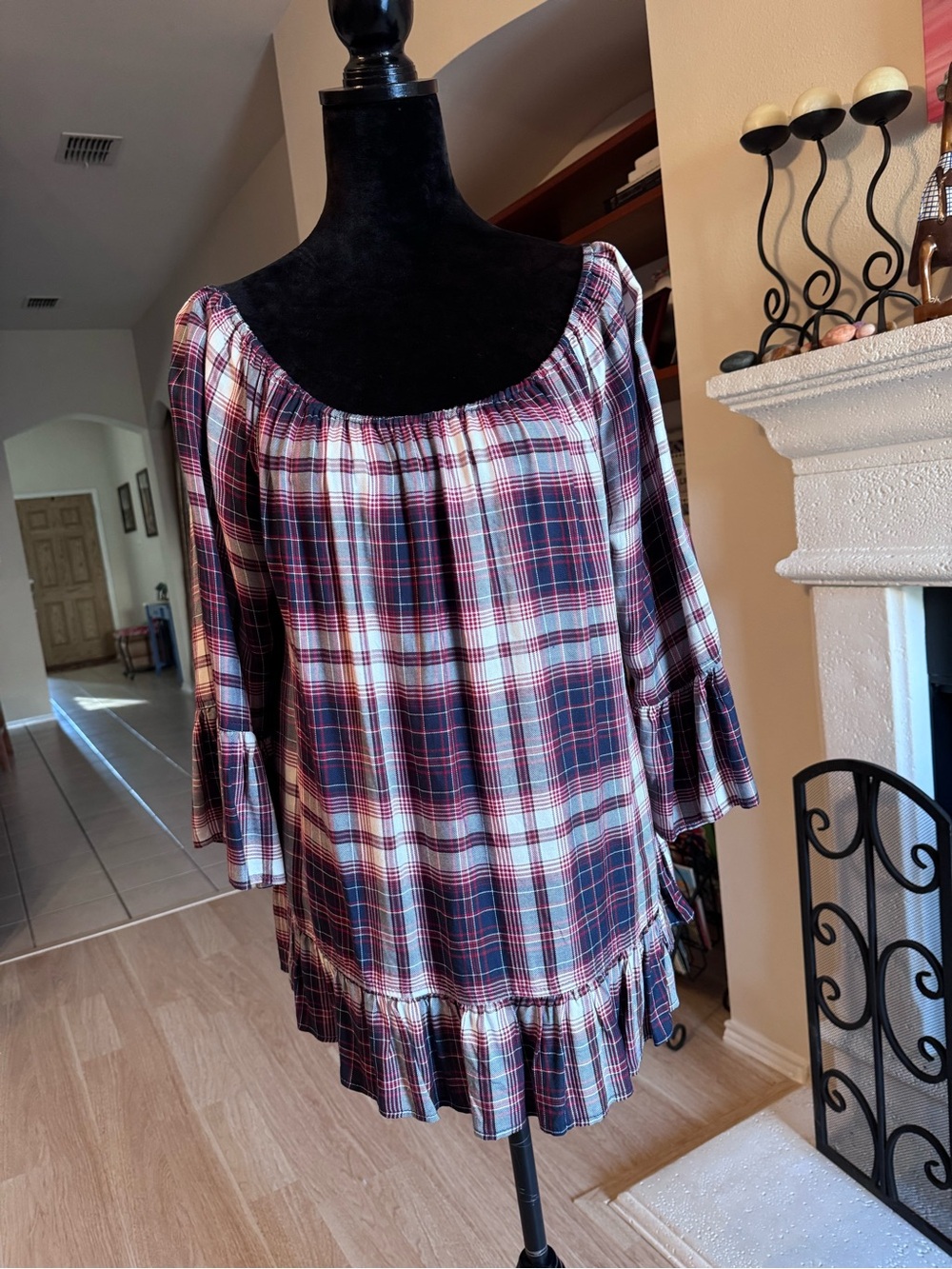 Como Vintage Burgundy and Navy Plaid Ruffle-Hem Peasant Top
